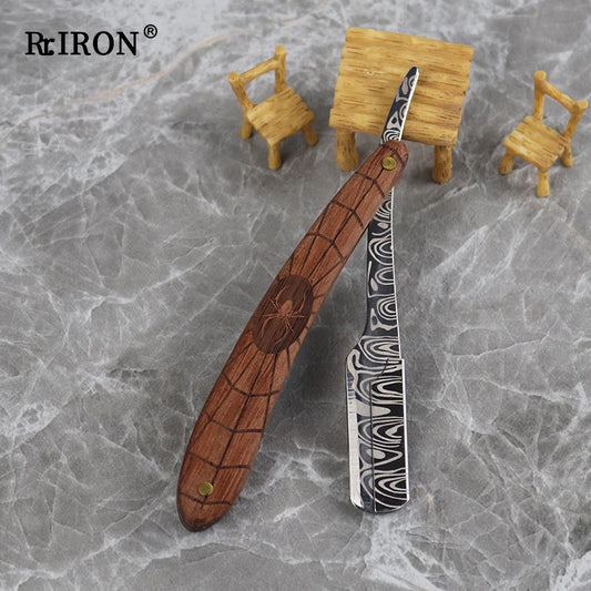 RIRON Vintage Manual Folding Stainless Steel Razor With Wood Handle Barber Men's Replaceable Blade Razor ﻿