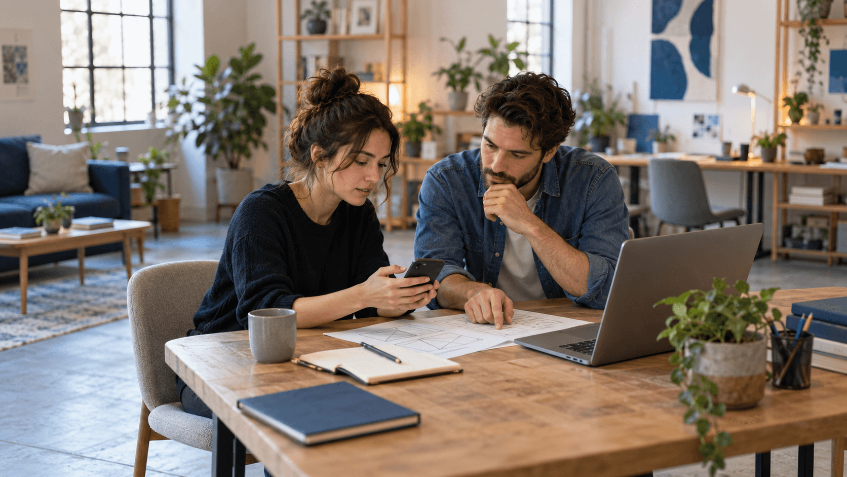 Two professionals reviewing a smartphone and paper interface sketches beside a laptop in a bright workspace.