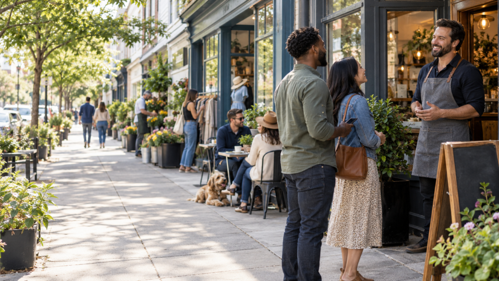 Customers speaking with a local business owner along a welcoming neighborhood street lined with independent shops.