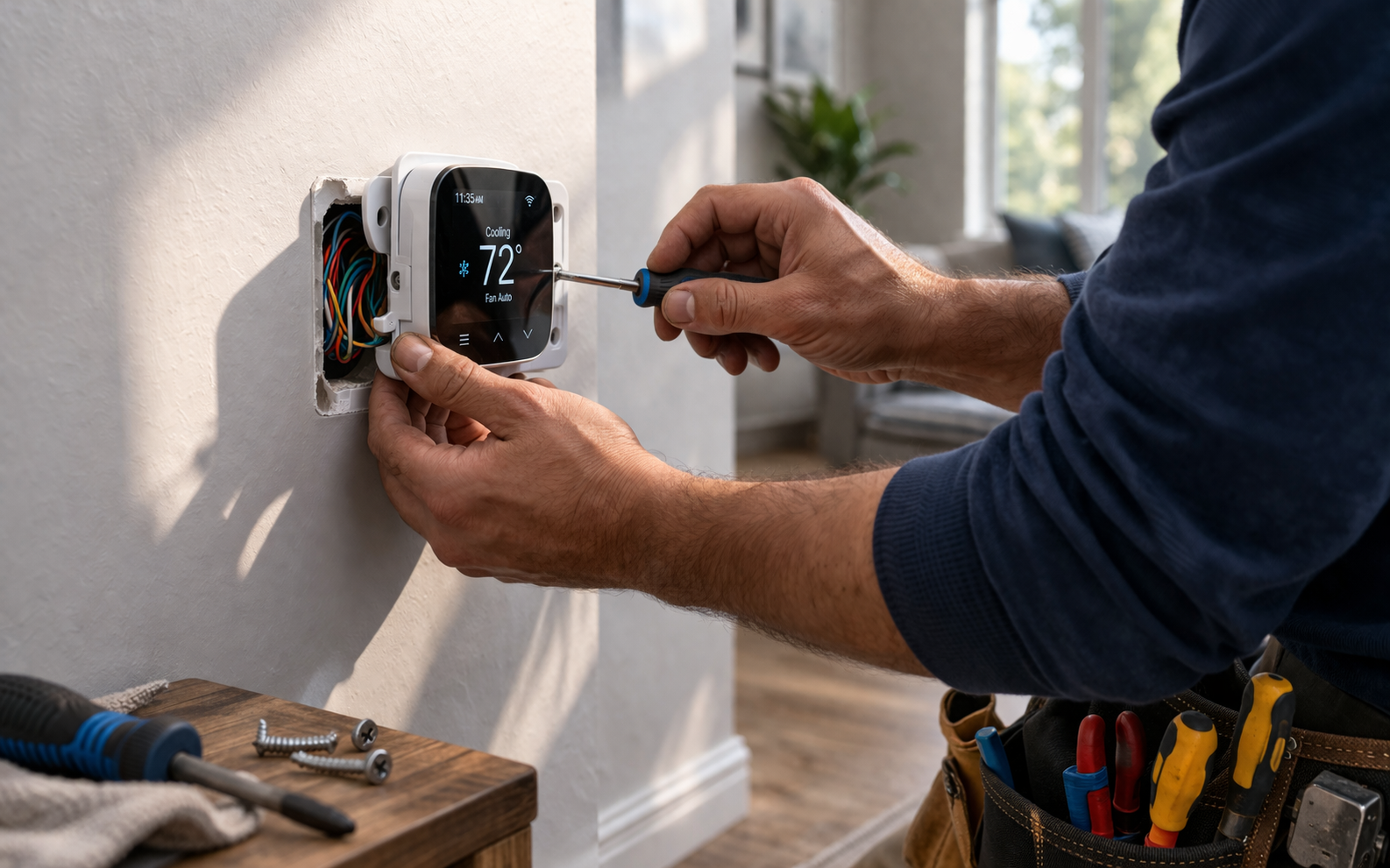 Action Air Conditioning & Heating - Technician installing thermostat in living room