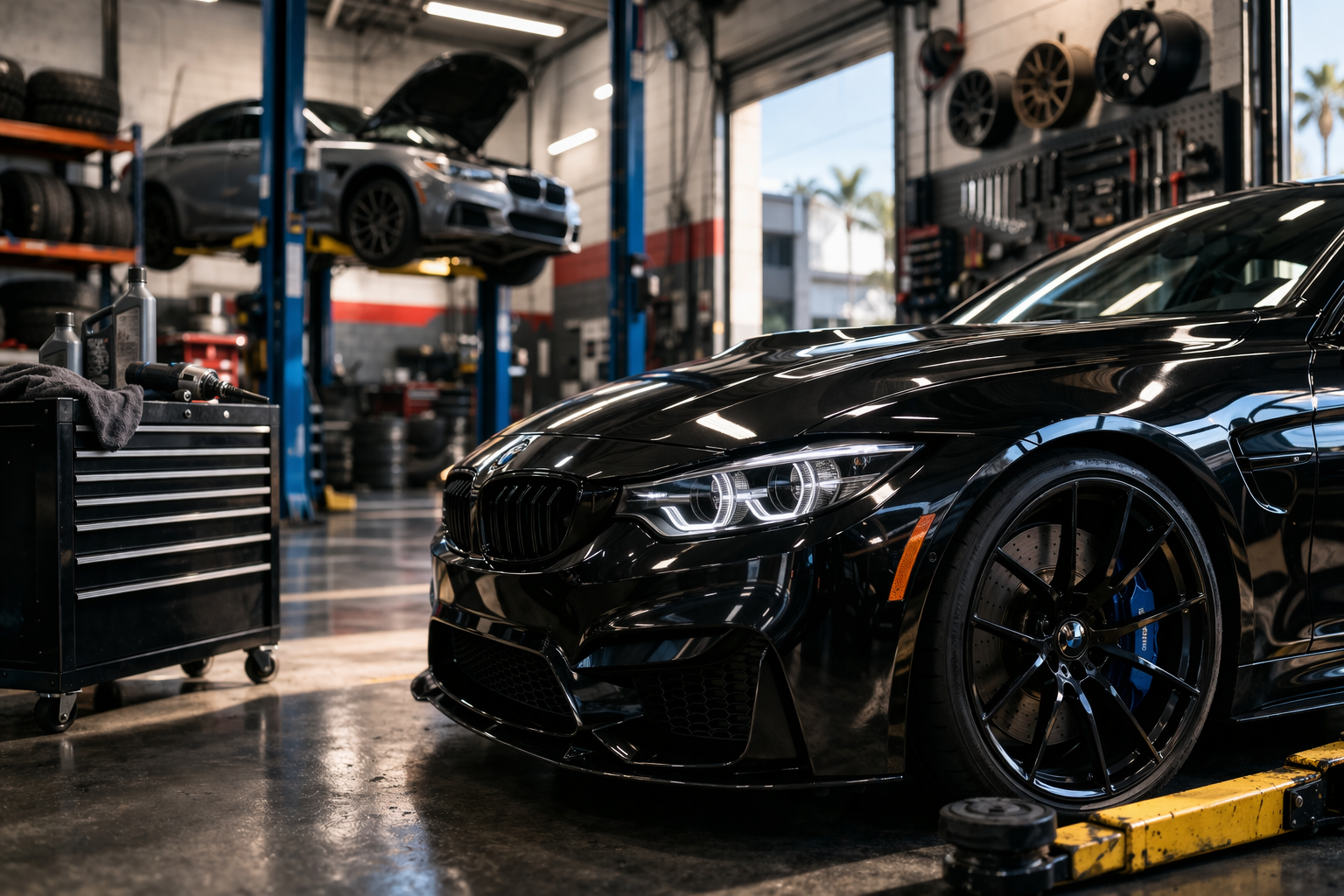 Akon Auto Center - Sleek black sports car in workshop