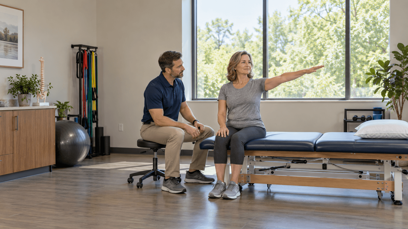 Clinician observing a seated woman raising her arm during a movement assessment in a bright rehabilitation room.