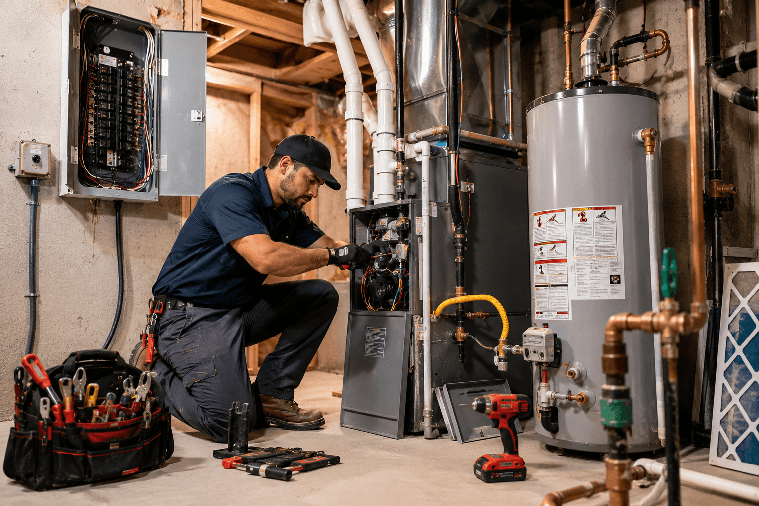 Anderson Plumbing, Heating & Air Technician servicing HVAC equipment in basement