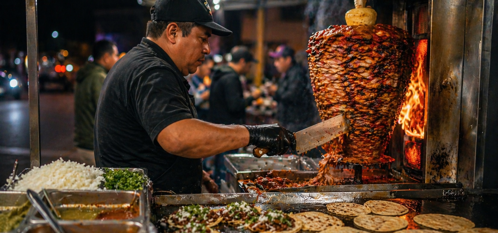 Angel's Tijuana Tacos - Taco stand under warm night lights