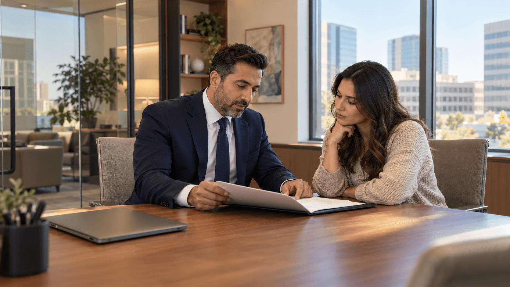 Attorney and client reviewing documents at a wooden conference table in a sunlit office.