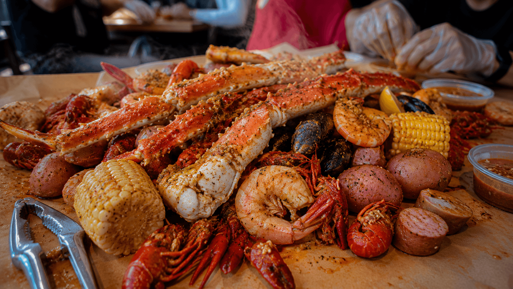 Bag O' Crab Seafood boil feast on butcher paper