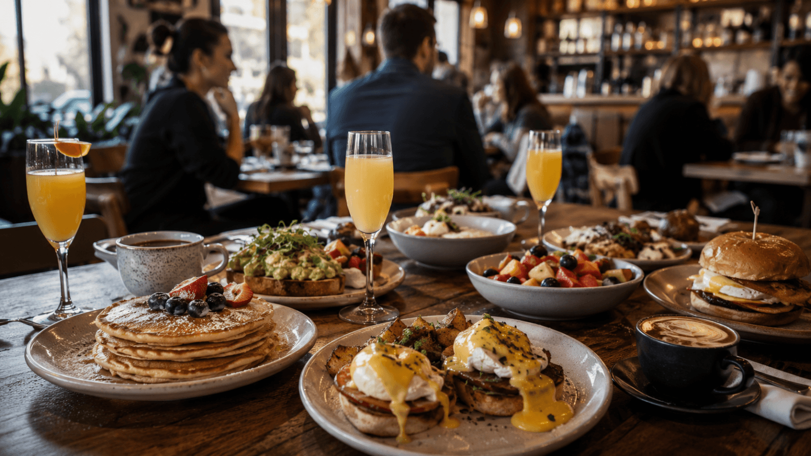 Best brunch in Sacramento featuring pancakes, eggs benedict, avocado toast, coffee, and brunch favorites in a local café.