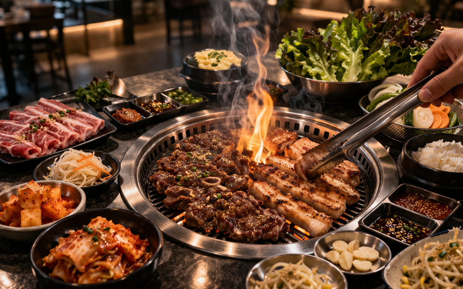 Best Korean BBQ in San Diego - Sizzling Korean BBQ feast setup
