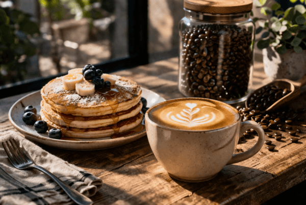 Better Buzz Coffee Roasters cafe - Cozy cafe breakfast with latte and pancakes