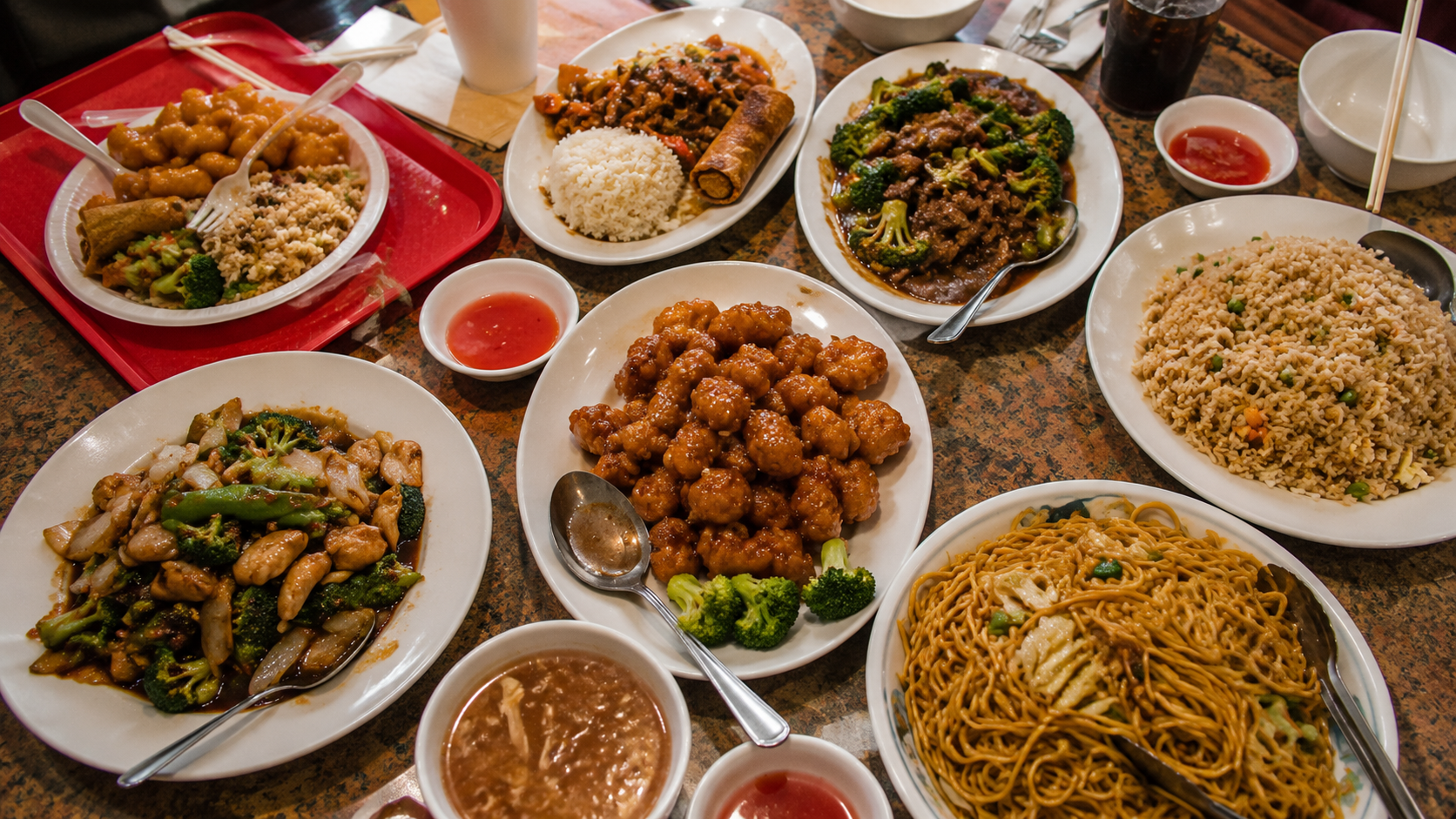 Big Wok Rancho Cucamonga Chinese takeout feast on a table