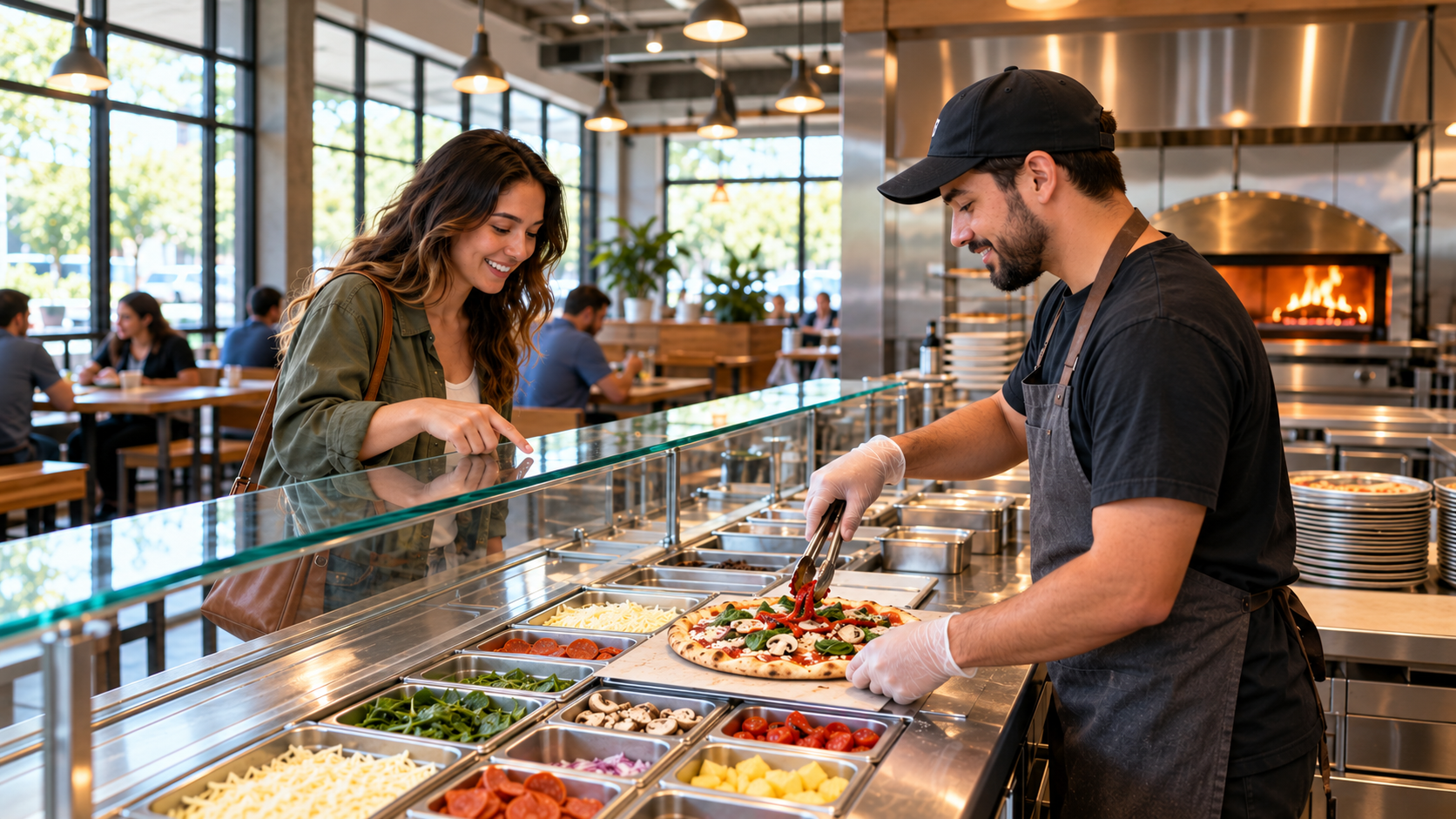Blaze Pizza, Pizza counter teamwork in a bright kitchen