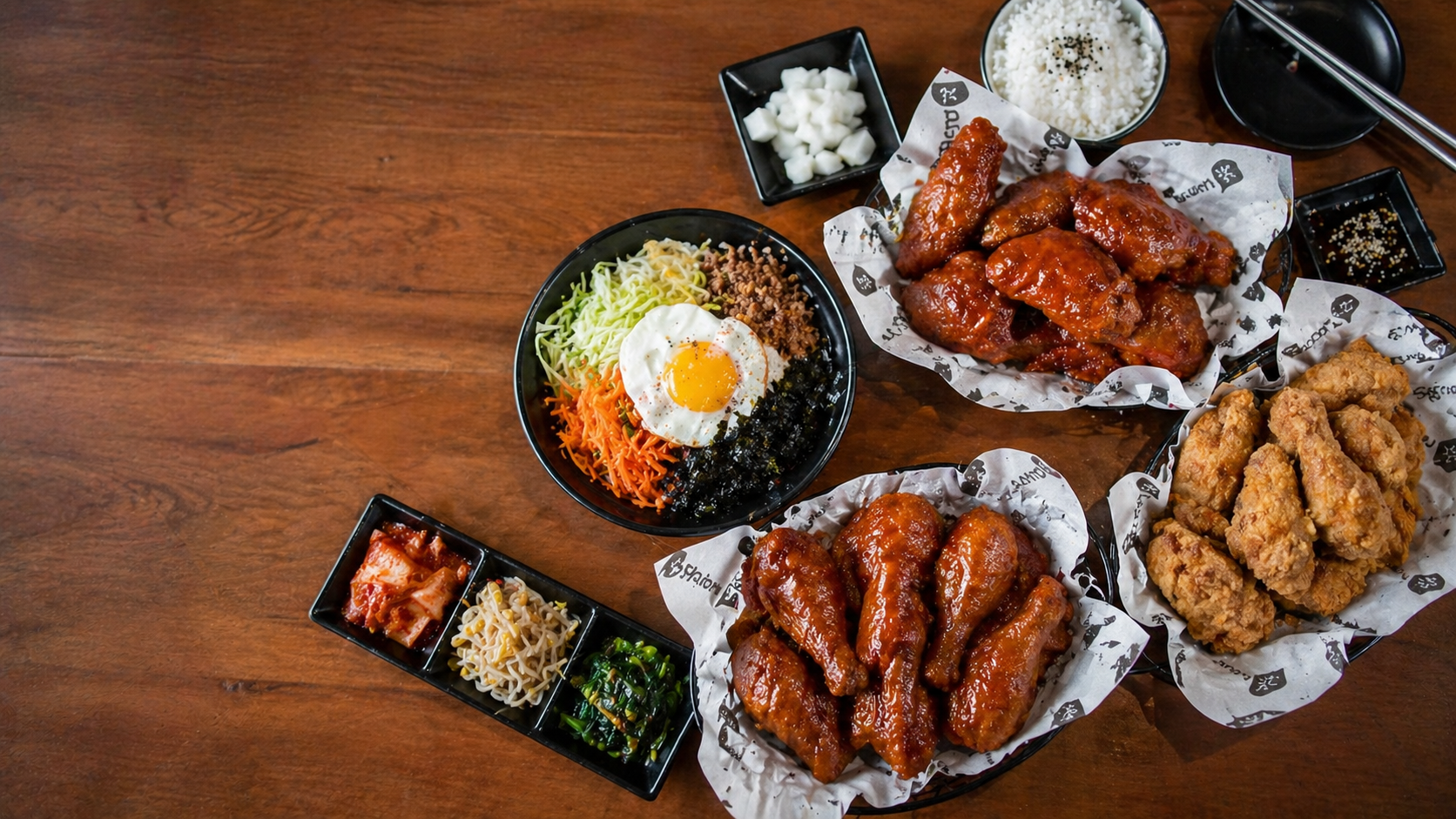 Bonchon Convoy - Korean fried chicken feast flat-lay