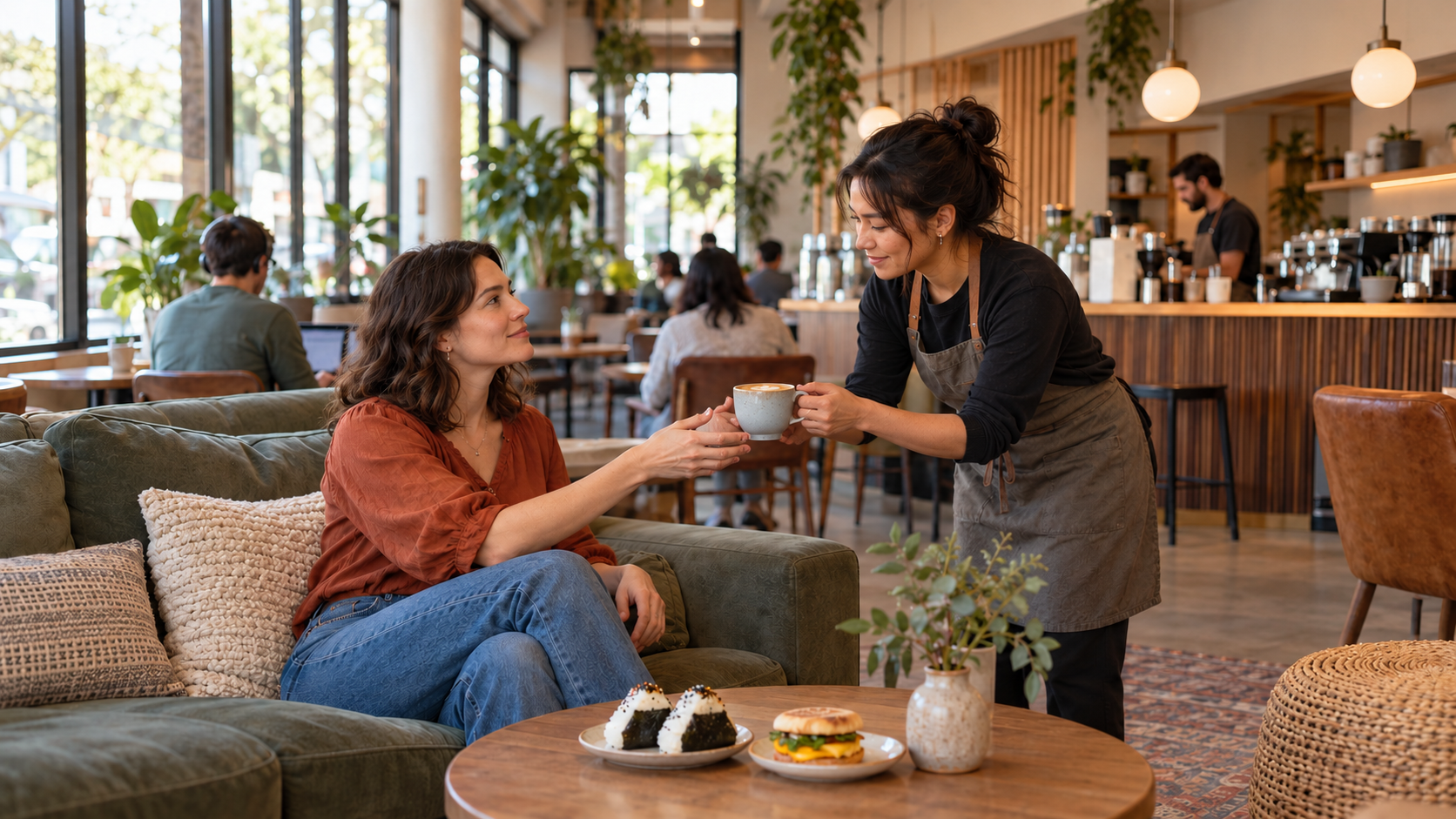 Brown Cup Cafe, Barista serves coffee over onigiri
