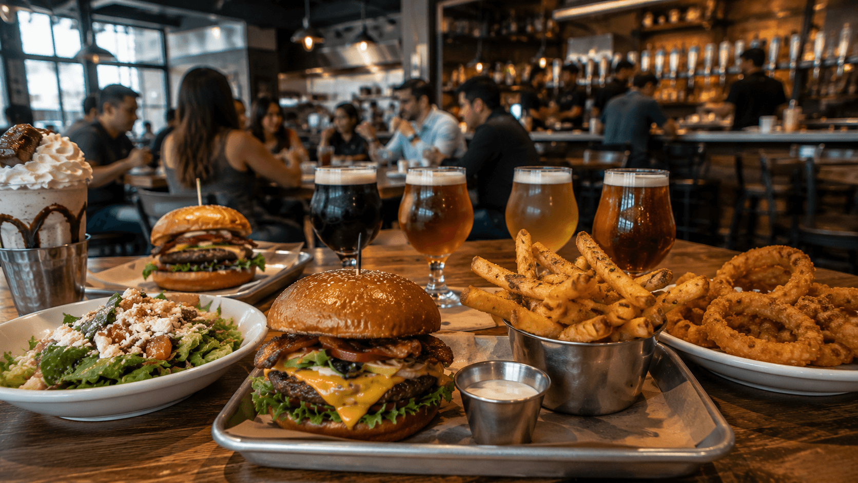 Burgers and Brew Tasty spread at a lively bar