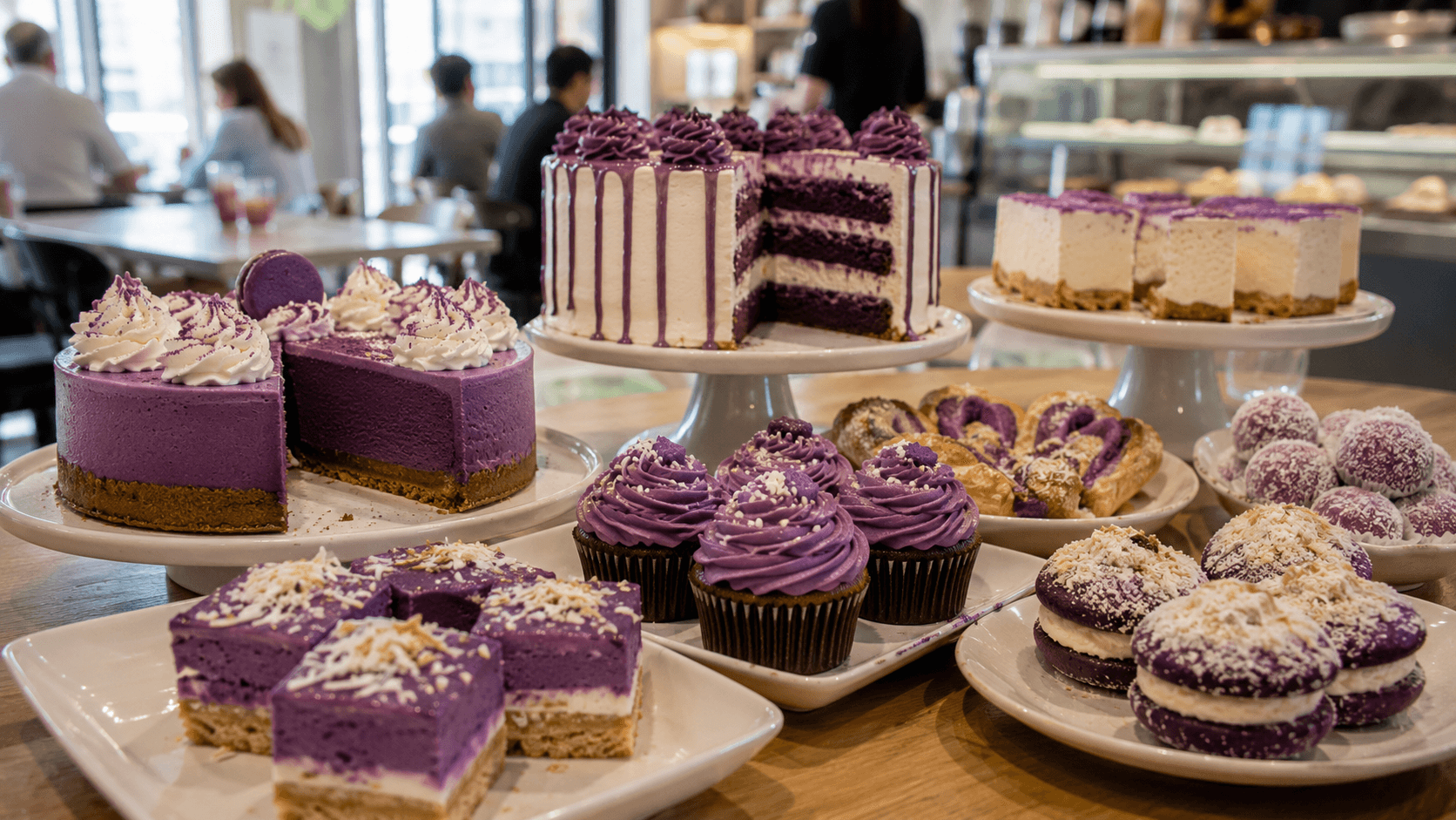 Cafe 86 Ube dessert spread in cozy cafe