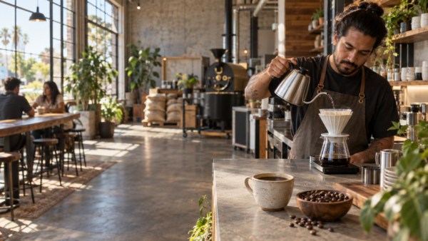 Cafe Virtuoso, Morning pour-over in a coffee roastery