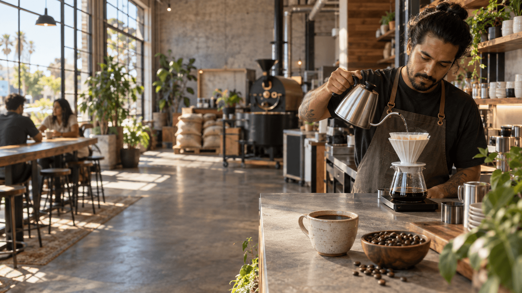 Cafe Virtuoso, Morning pour-over in a coffee roastery
