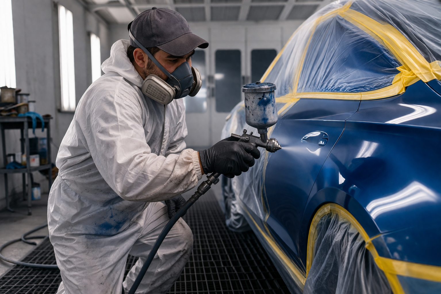 Cass Street Automotive - Spray painting a blue car in booth