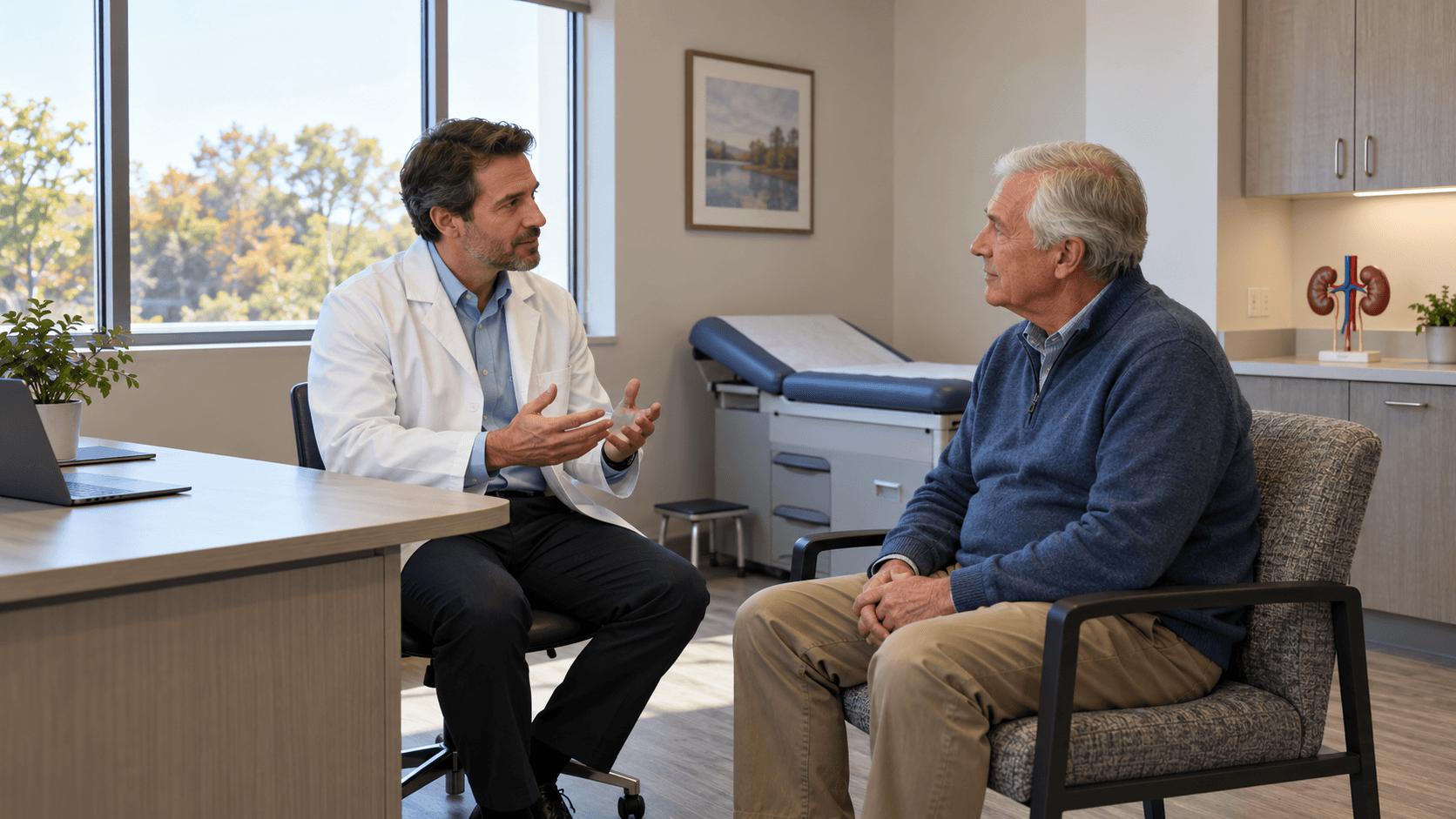 Medical professional discussing care with an older adult patient in a bright consultation room with an examination table.