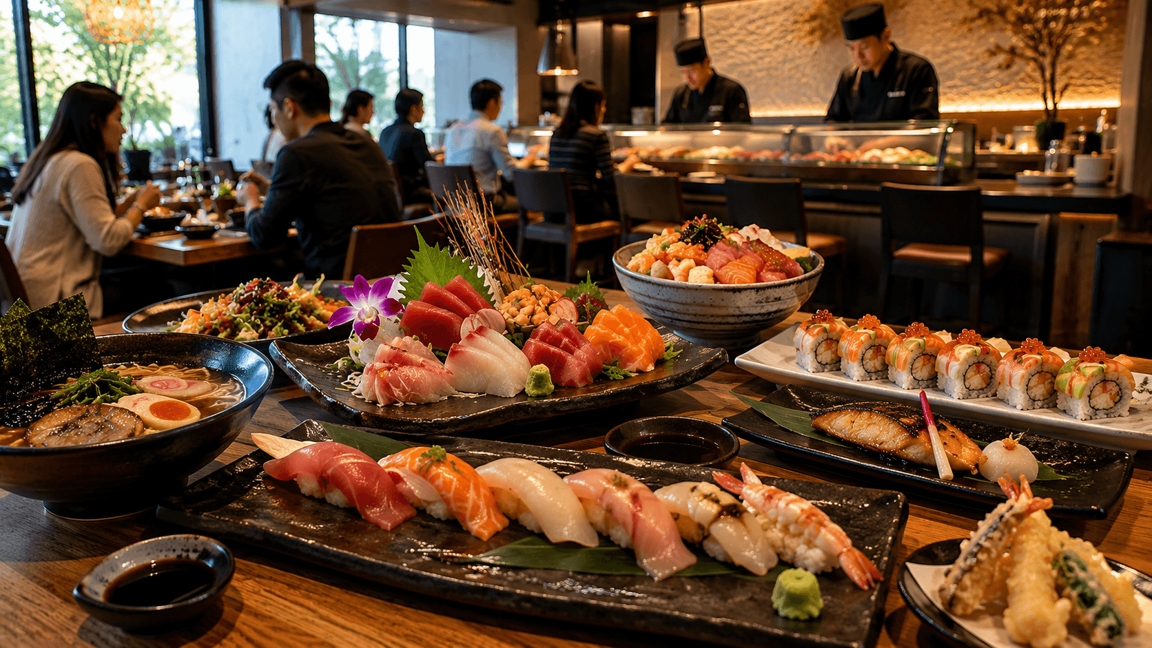 Chef Frank Japanese Cuisine Busy sushi restaurant with delicious spread