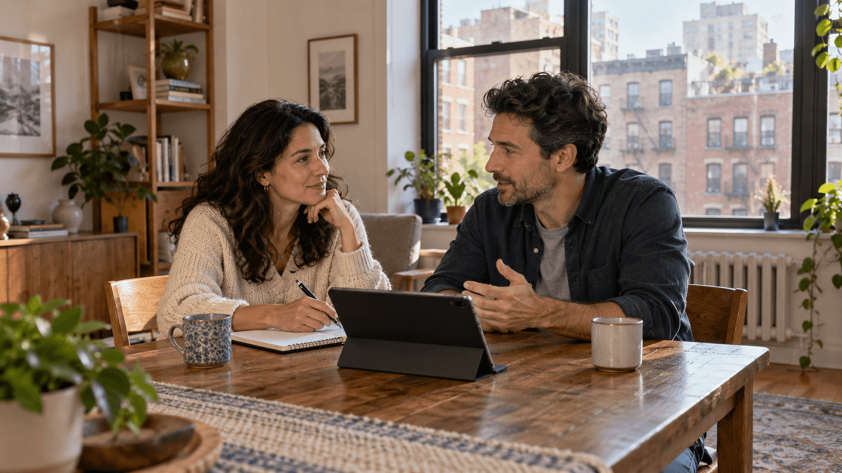 Two adults discussing plans with a tablet and notebook at a wooden table in a sunlit apartment.