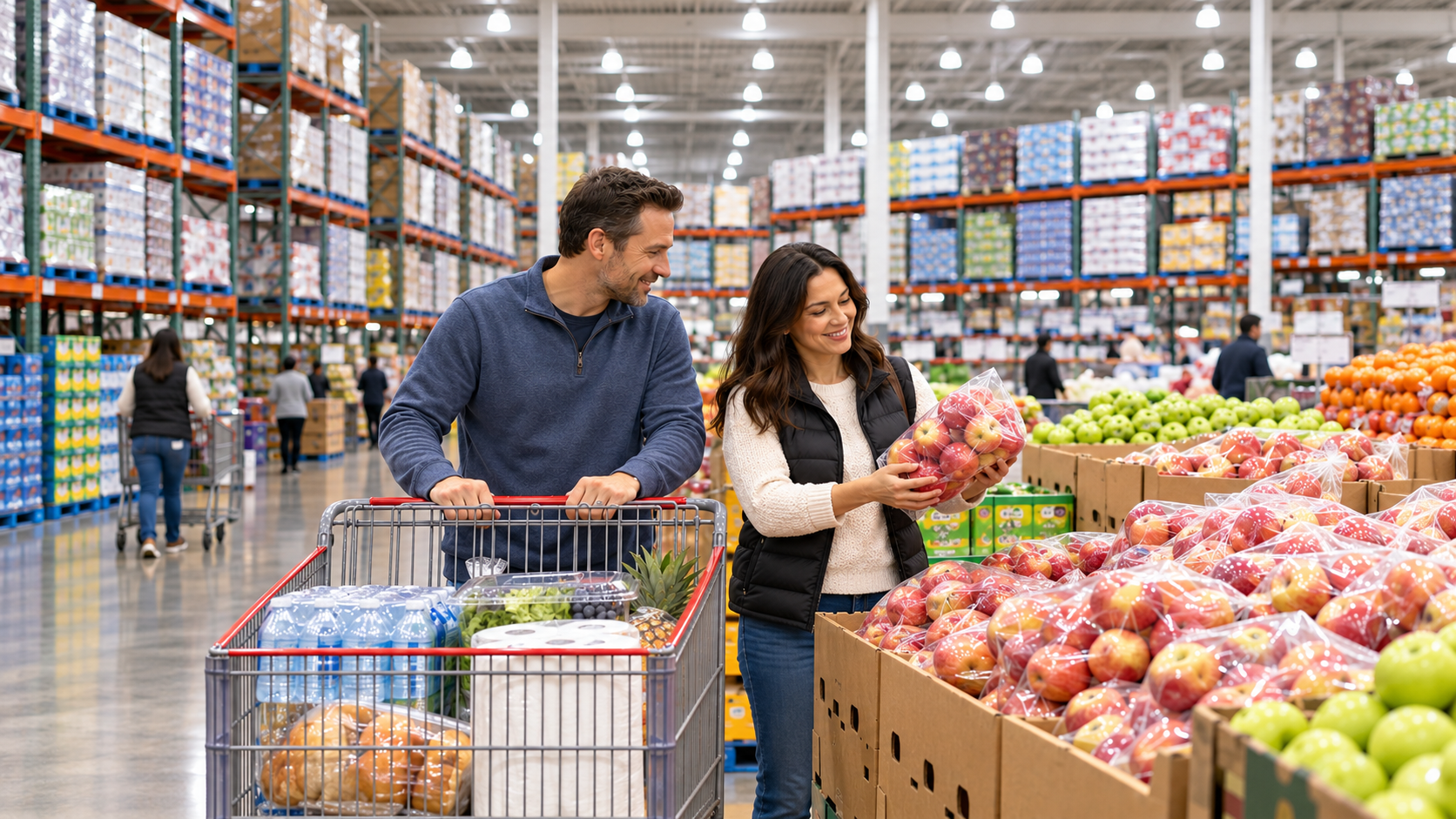 Costco Wholesale, Shoppers selecting apples in warehouse aisle