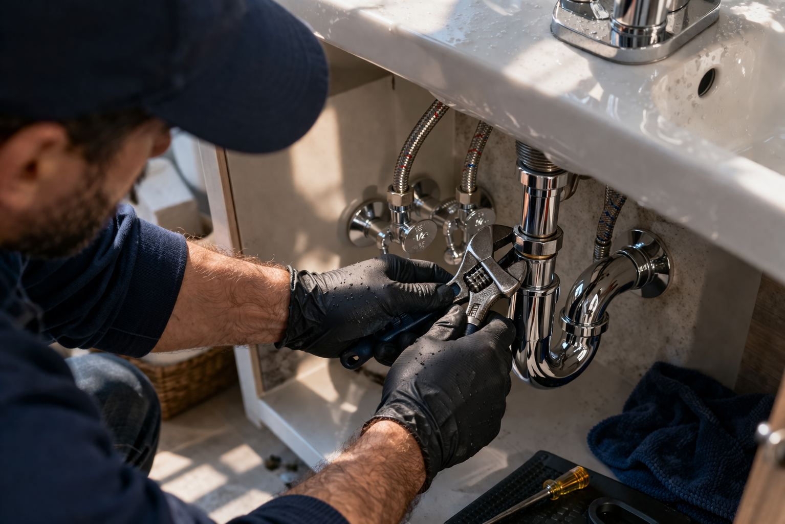 Courtesy Plumbing - Plumber installing modern sink faucet