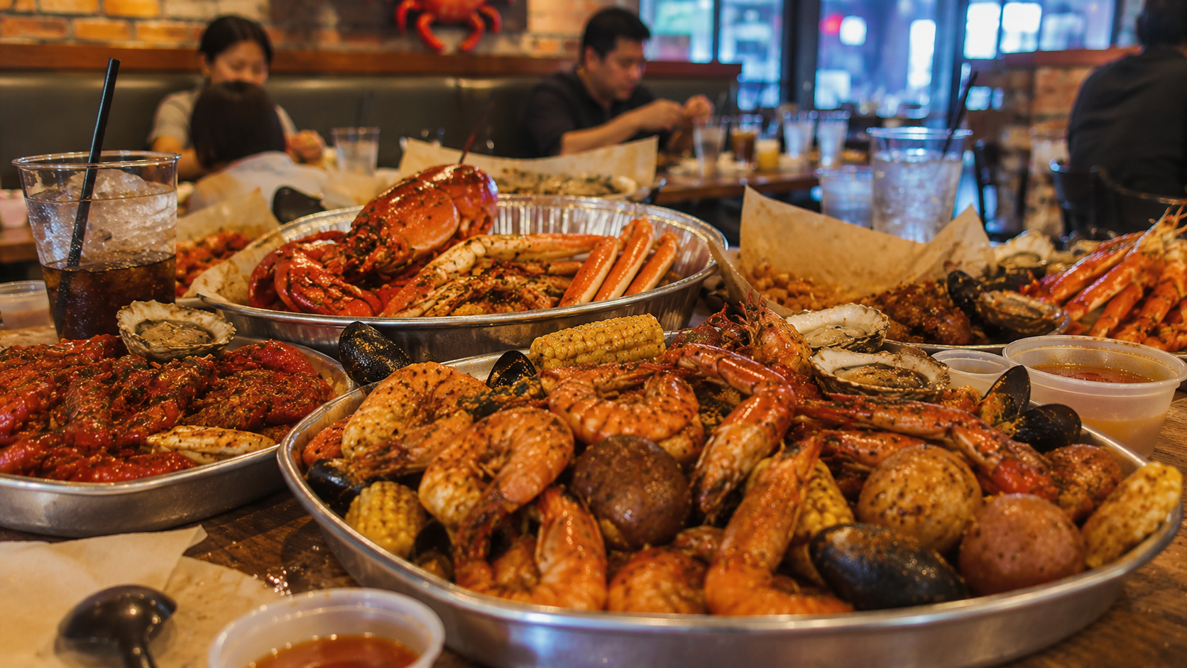 Crab N Spice Anaheim Cajun seafood feast at a lively restaurant