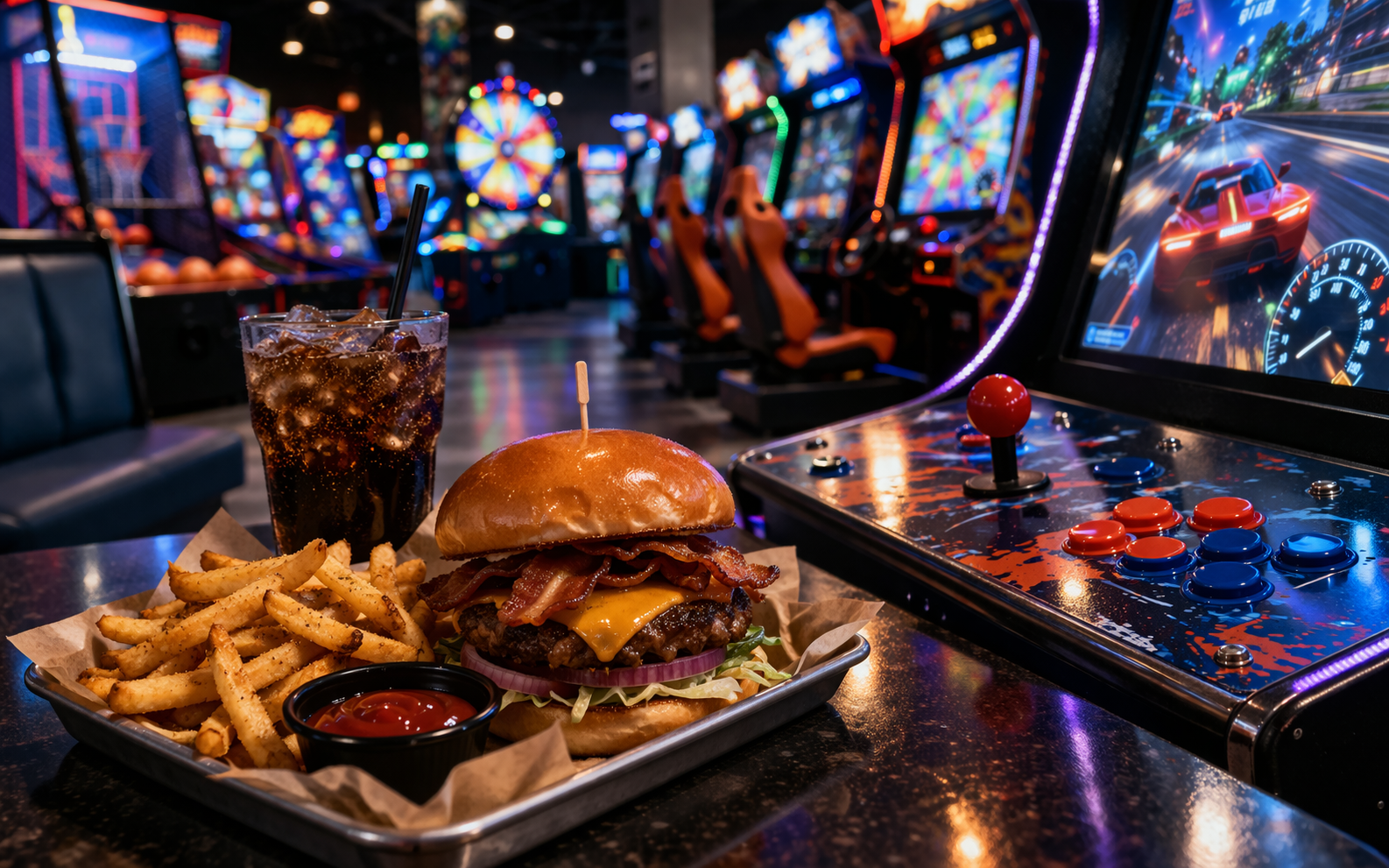 Dave & Busters San Diego - Arcade dining with vibrant neon lights