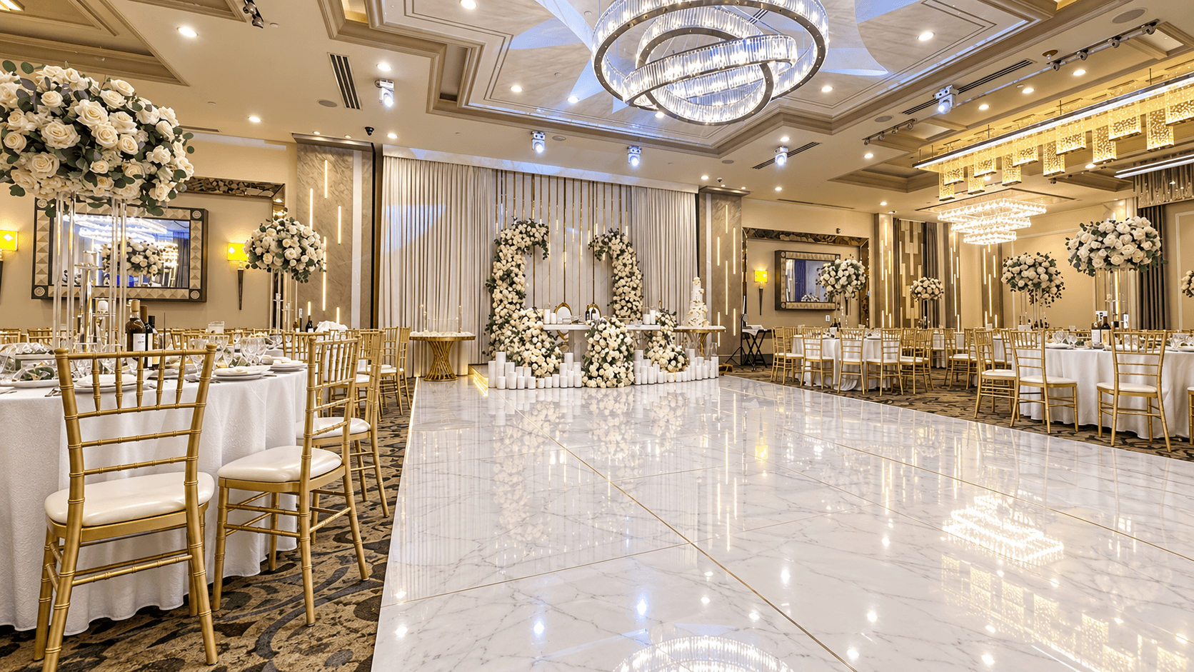 De Luxe Banquet Hall Elegant ivory and gold banquet hall
