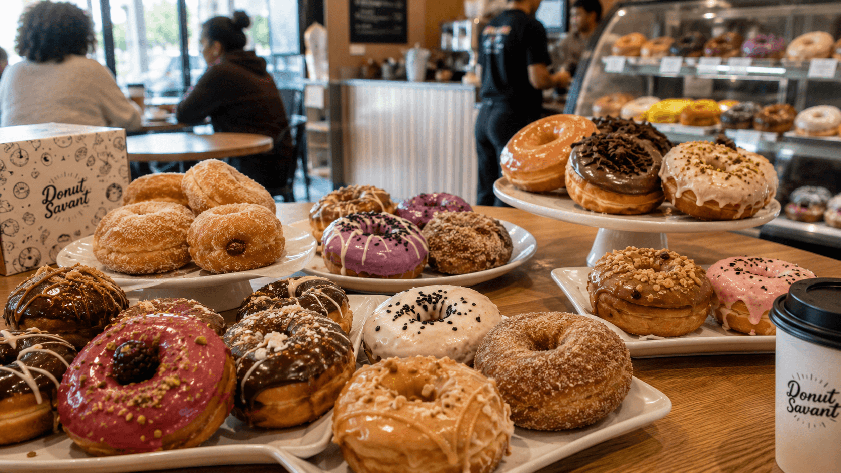 Donut Savant Donut display at a cozy cafe