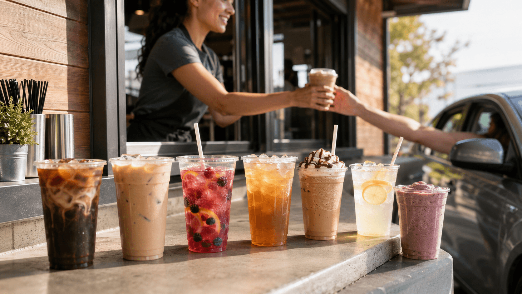 Dutch Bros Coffee Colorful morning drive-thru drink spread