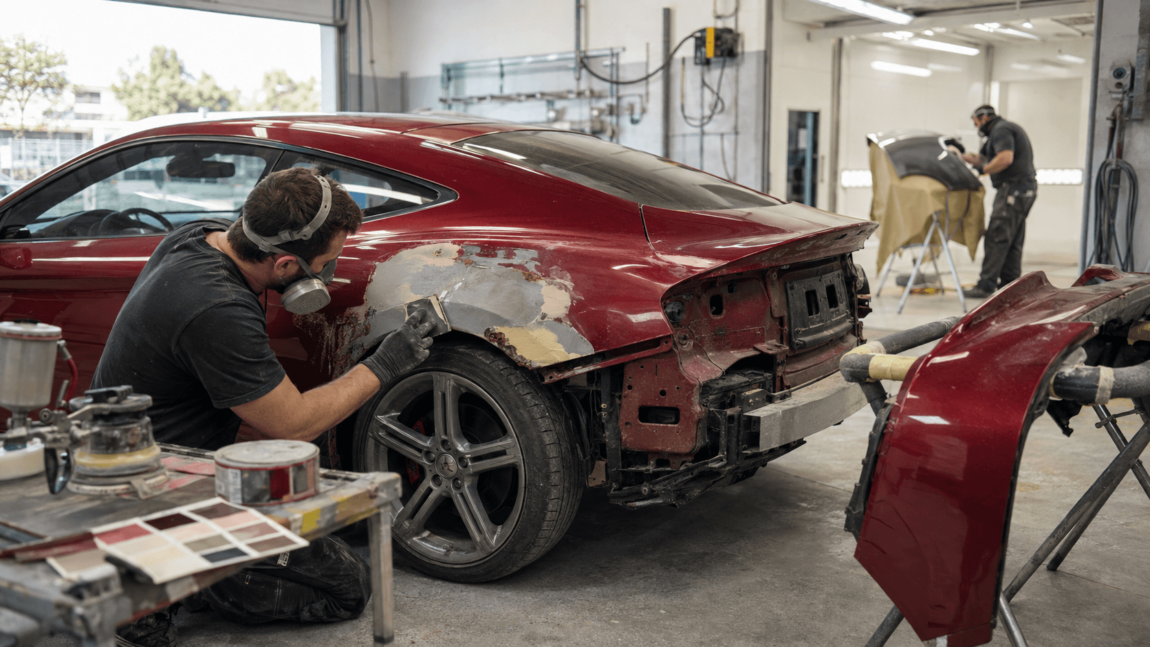 Elite Auto Body & Paint Restoring a Red Sports Coupe