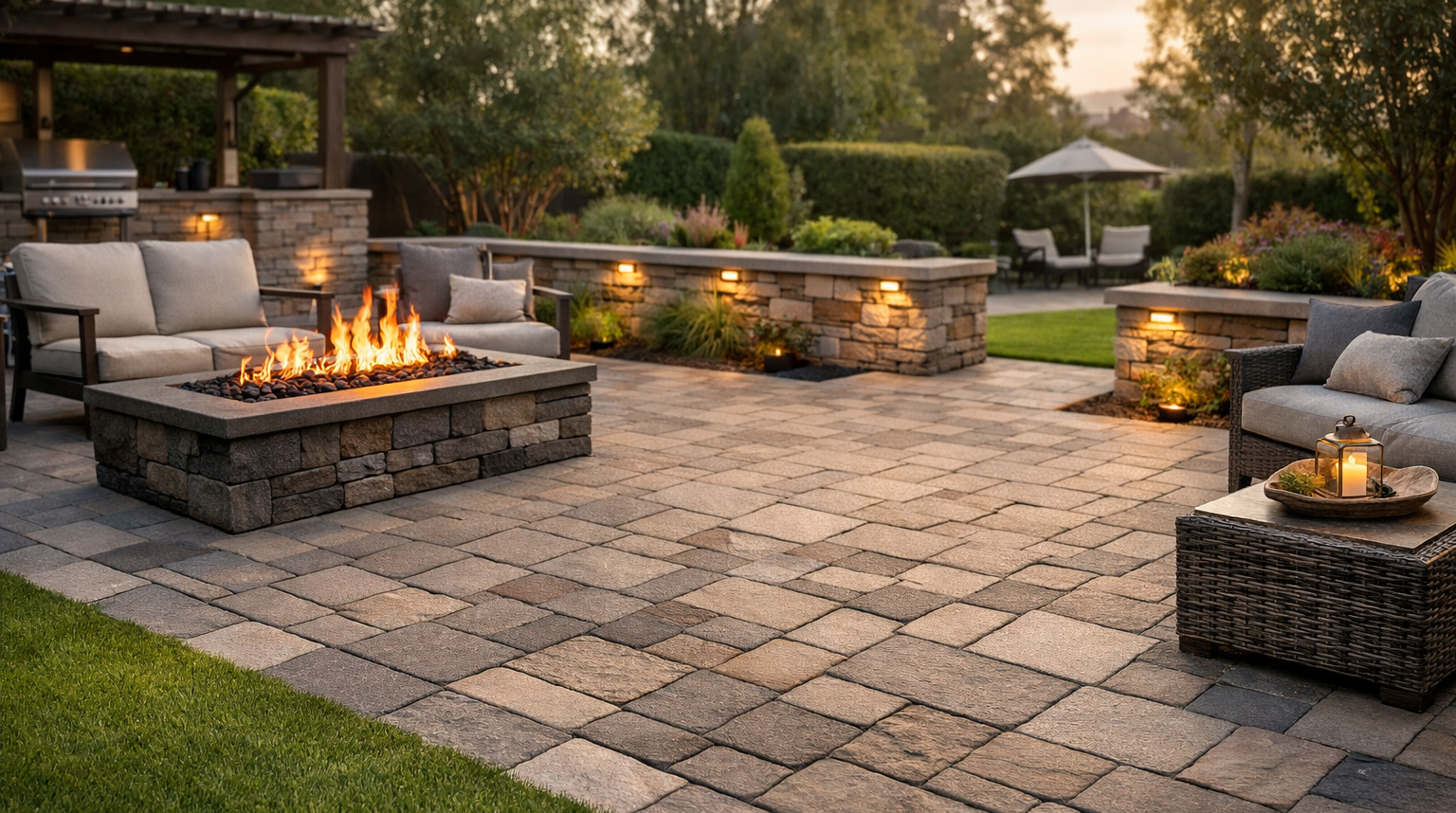 EvoTurf & Pavers - Elegant backyard retreat at golden hour