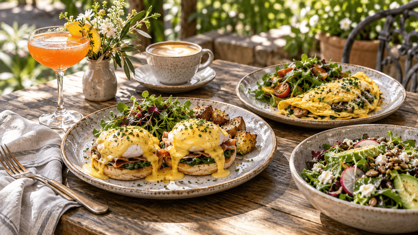 Eggs Benedict, an omelet, and a seasonal salad served with coffee and a cocktail on a sunlit patio table.