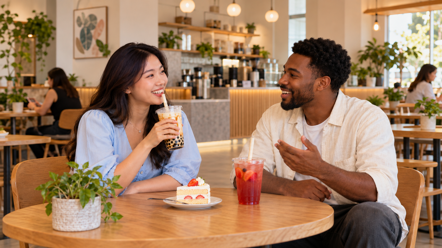 Feng Cha Teahouse, Friends sharing cake in a bright café