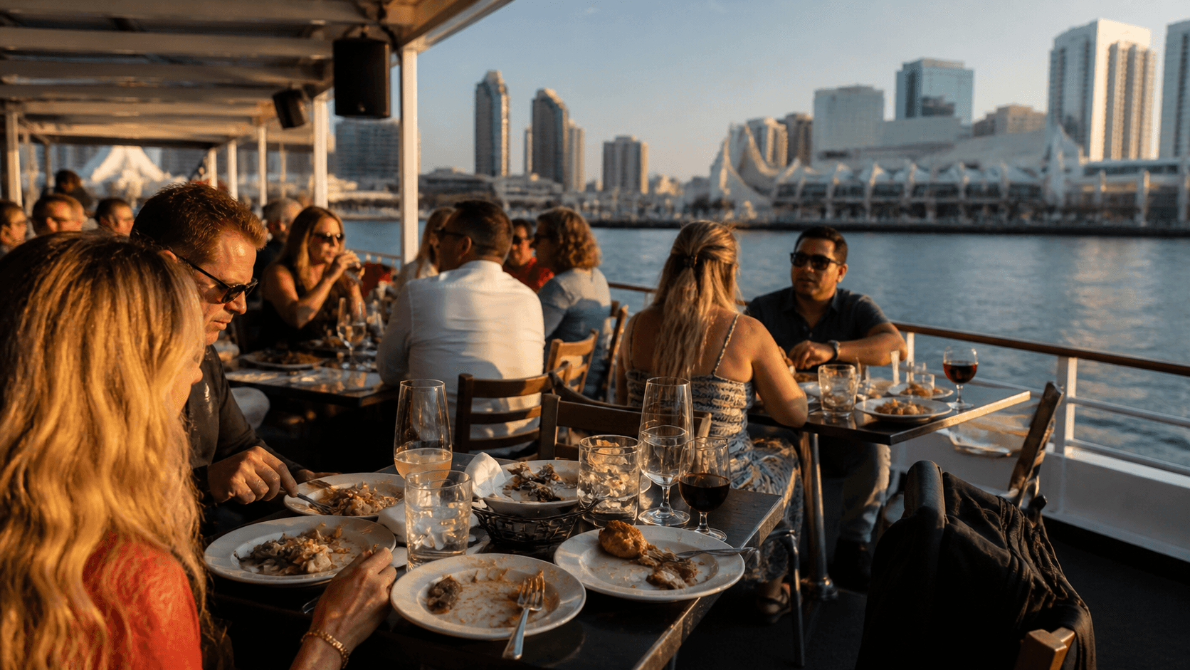 Flagship Cruises San Diego - Waterfront dining at golden hour