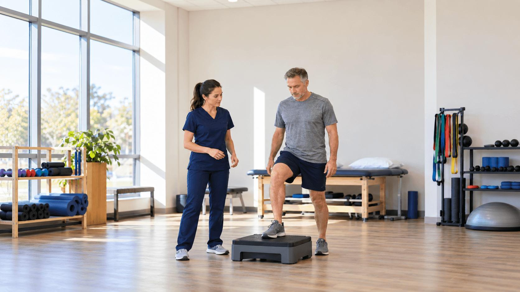 Physical therapist supervising a man stepping onto a low exercise platform in a bright rehabilitation room.