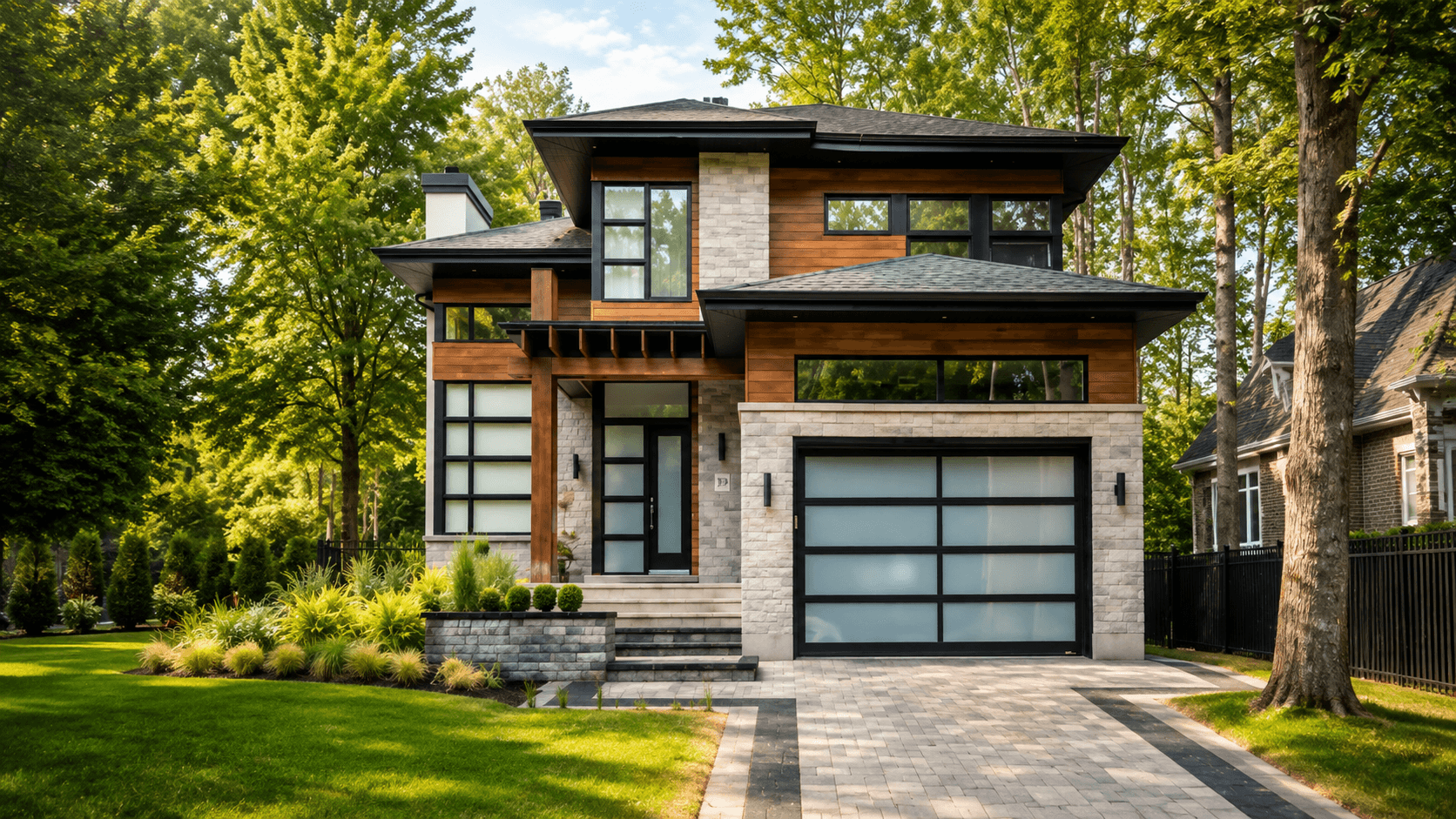 Garage Door Repair Dallas USA Modern Cedar-and-Stone Home with Garage