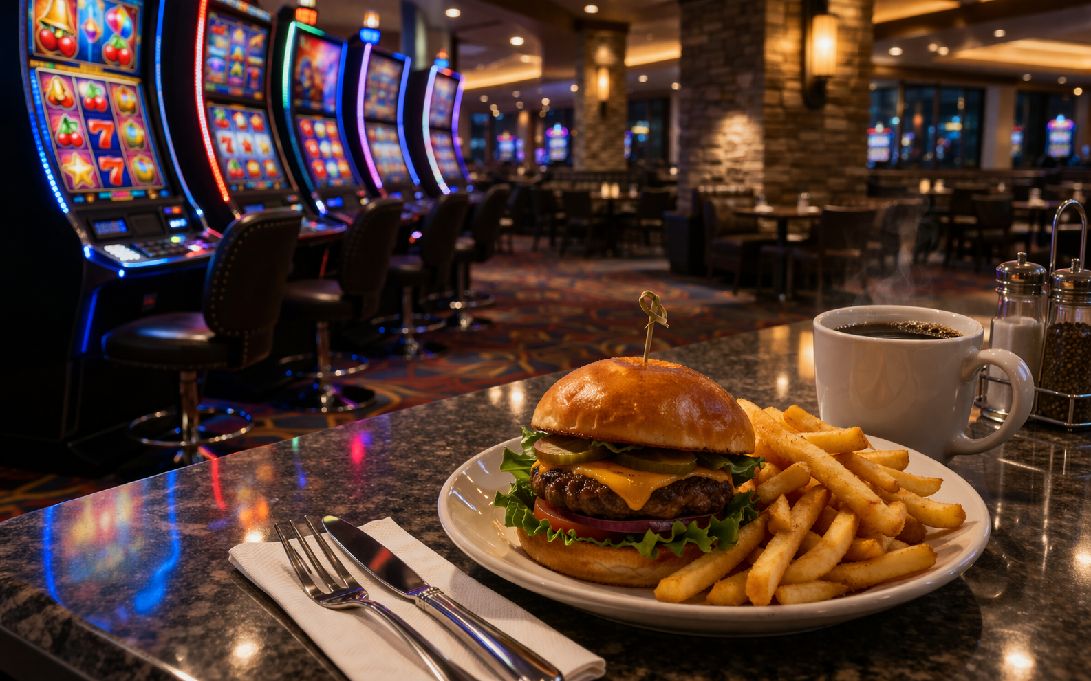 Golden Acorn Casino & Travel Center - Casino dining with burger and fries