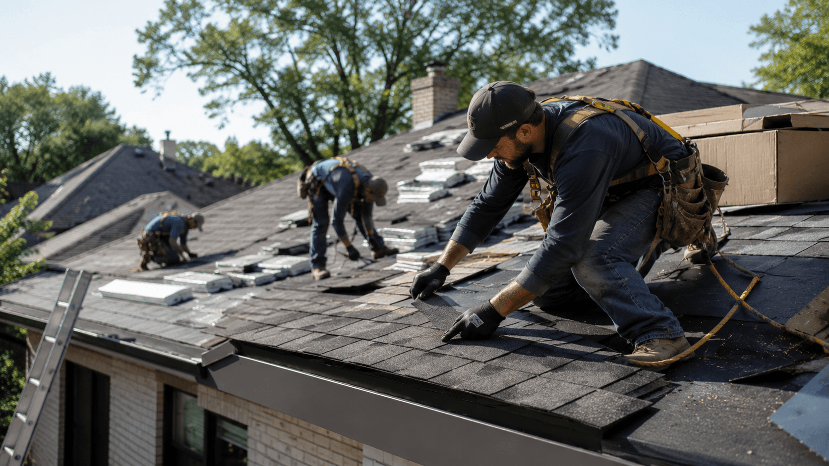 Griffith Roofing Roofer installing shingles on residential roof