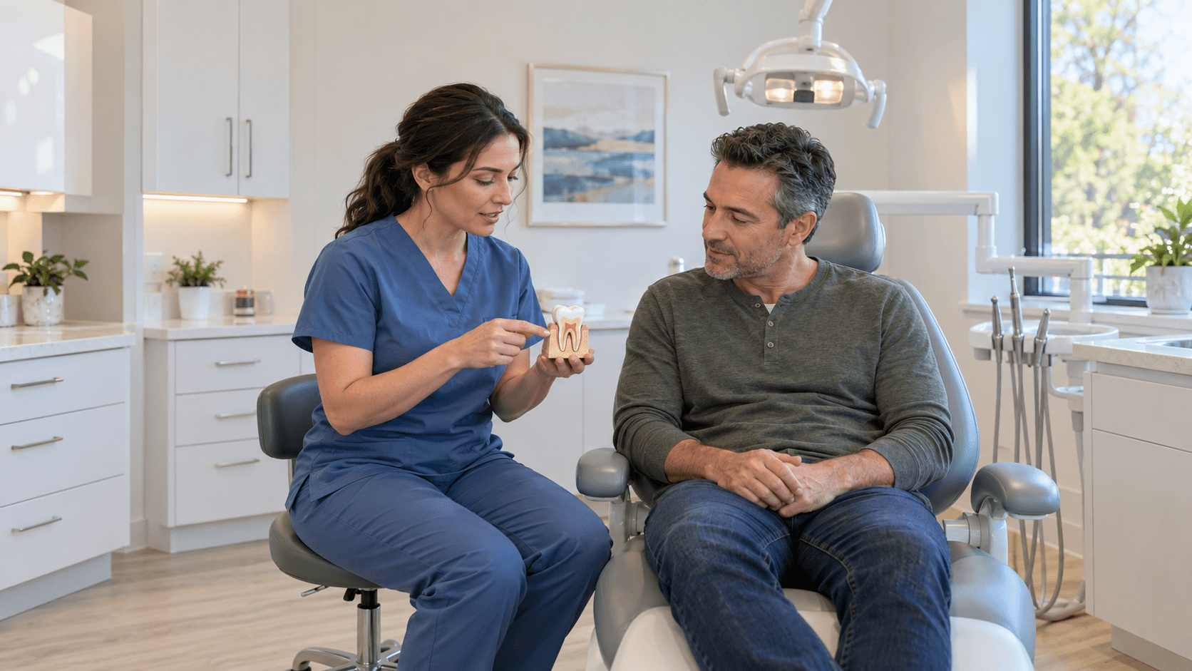 Dental professional explaining a tooth model to a patient seated in a dental chair in a bright treatment room.