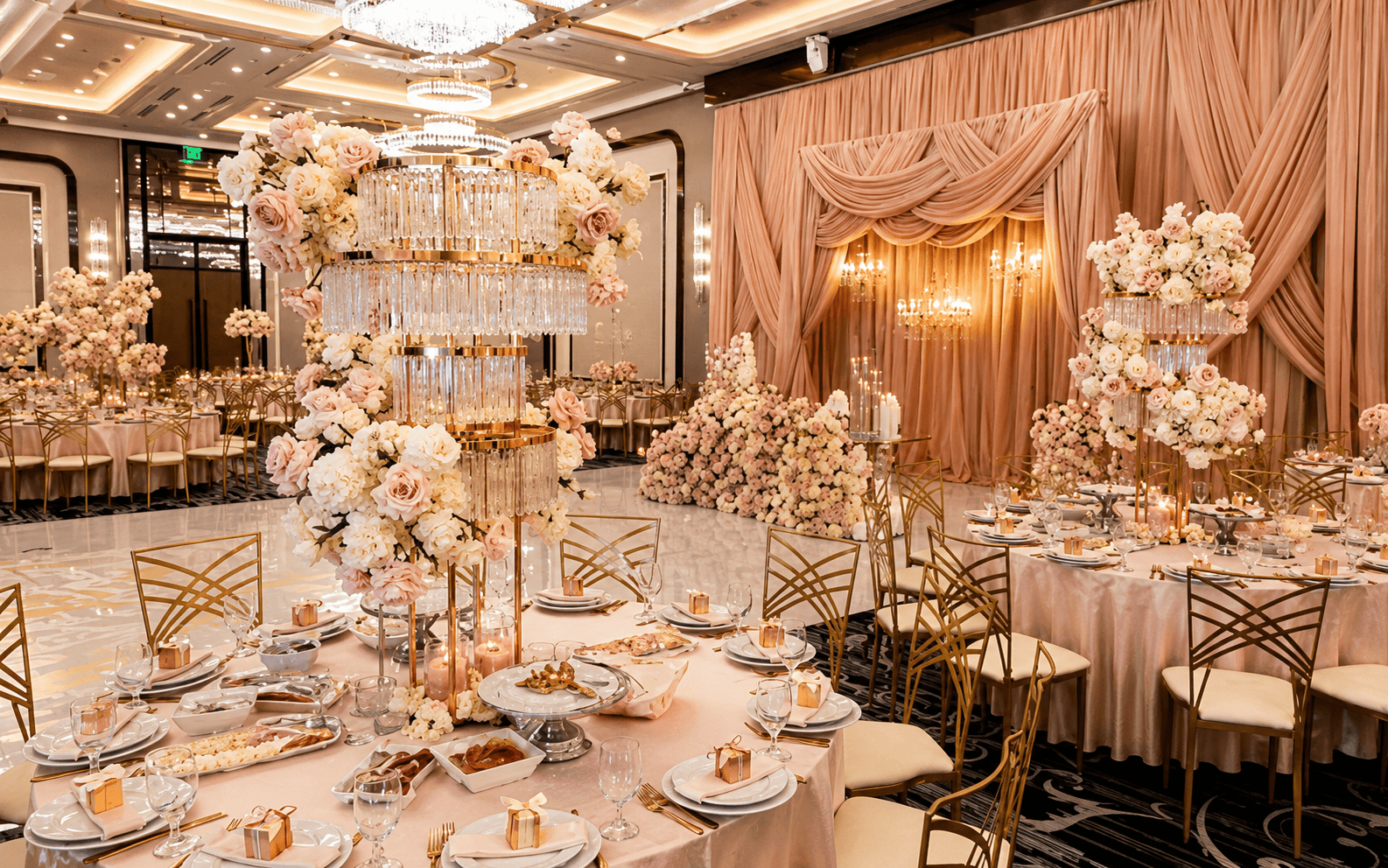 IKON Event Venue Elegant wedding banquet in blush and gold