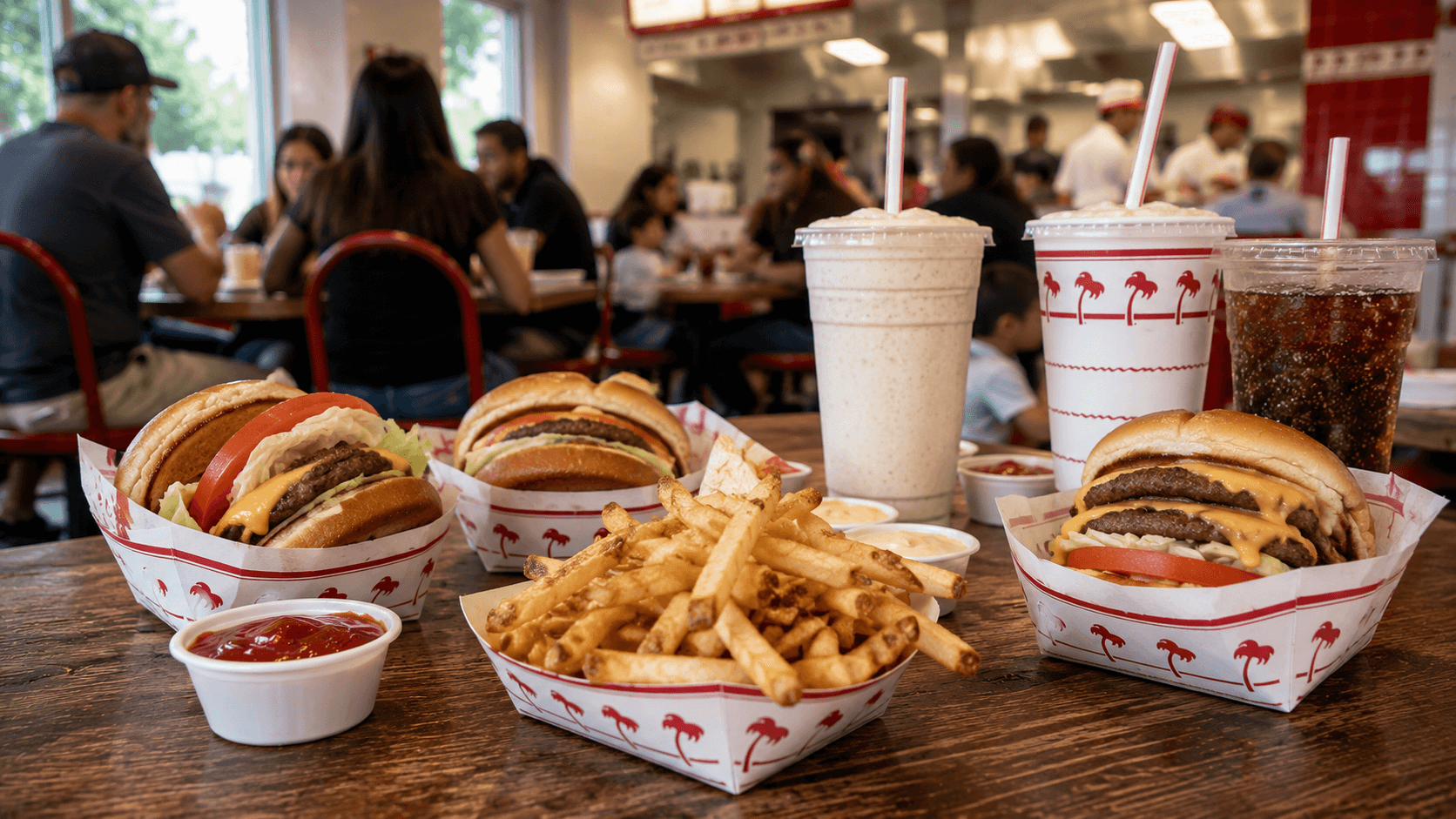 In-N-Out Burger Busy fast-food table with burgers and drinks