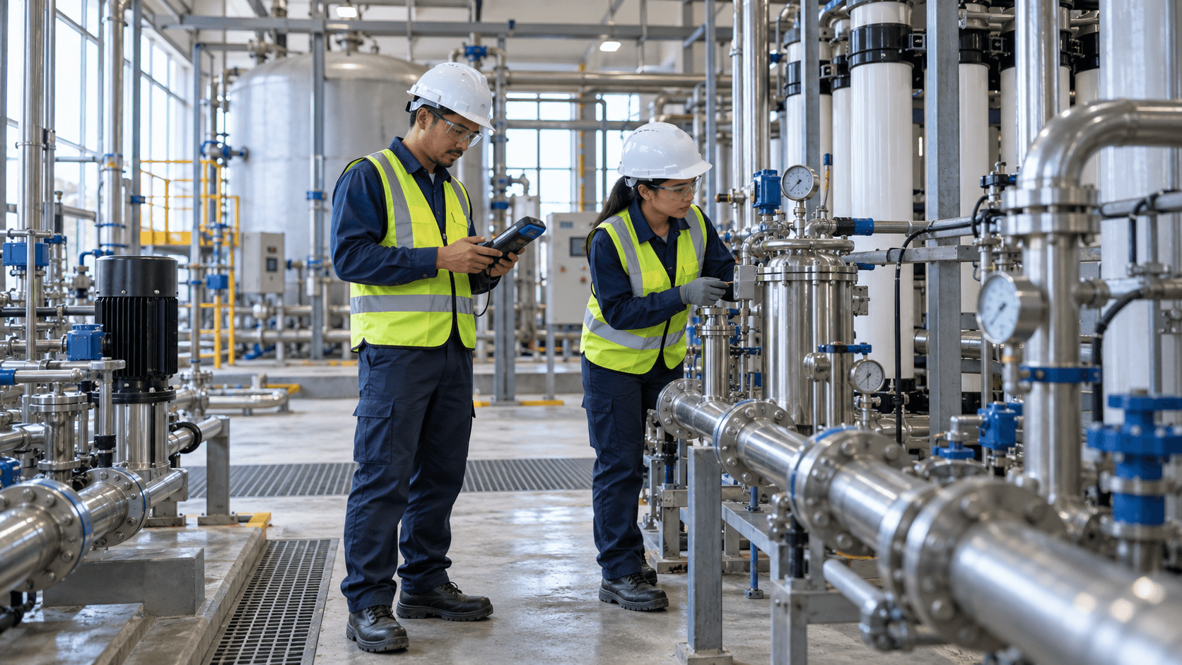 Ion Exchange Asia Pacific Pte. Ltd. — Singapore, Engineers inspect water treatment equipment
