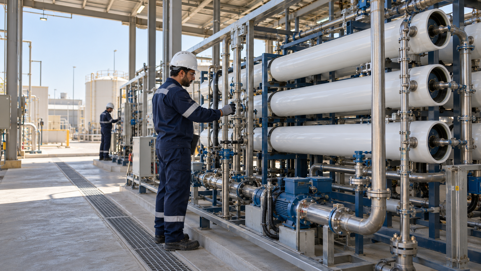 Ion Exchange Oman, Engineer inspecting reverse-osmosis desalination equipment