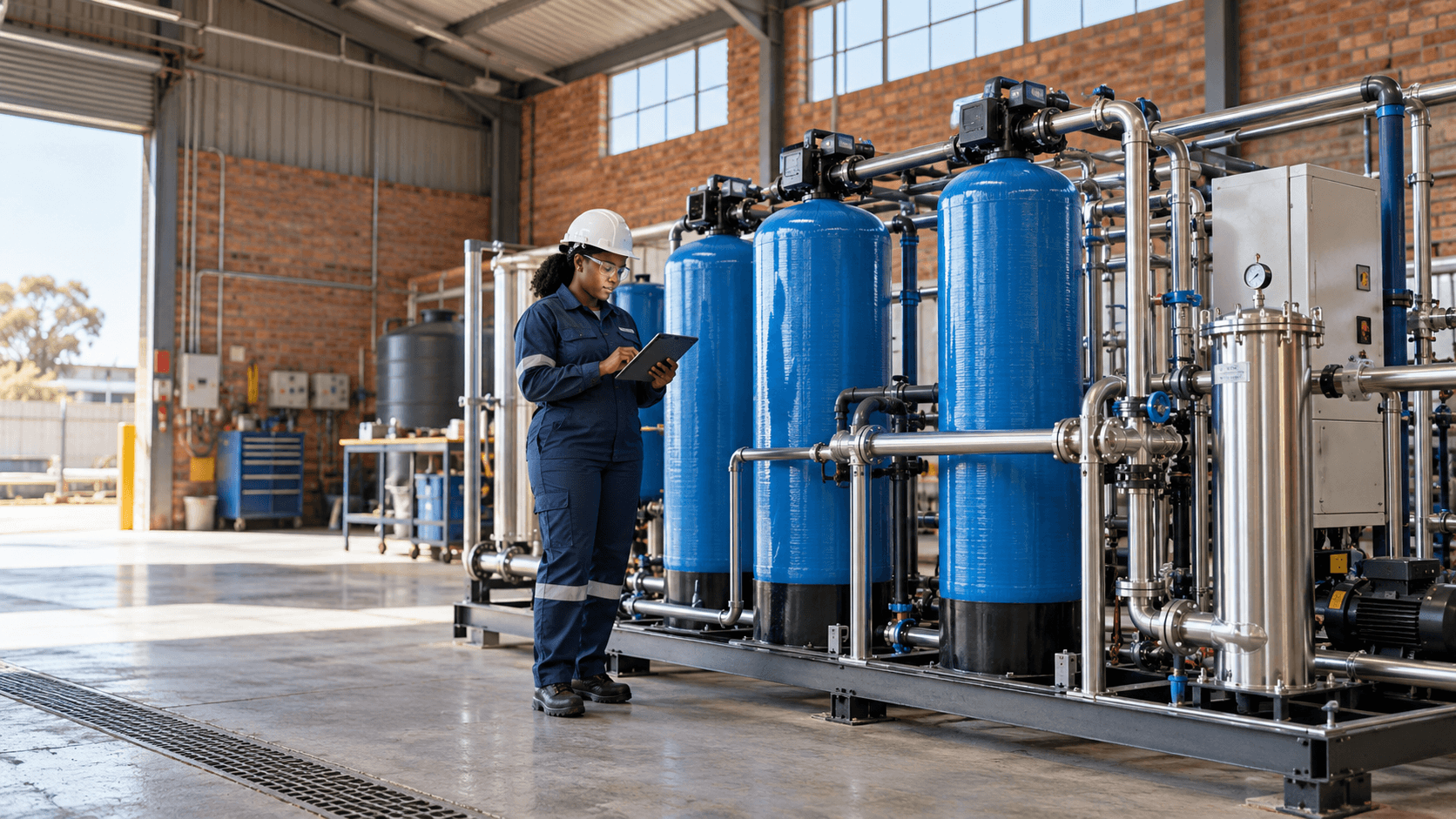 Ion Exchange Safic Pty Ltd., Water engineer inspecting filtration skid