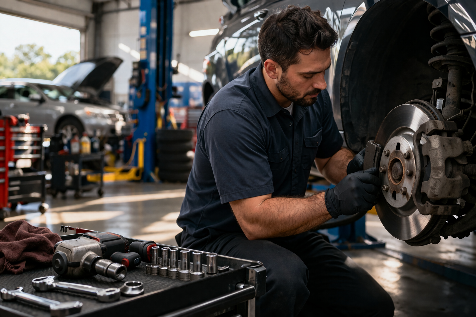 John's Automotive Care - Mechanic working on brake assembly