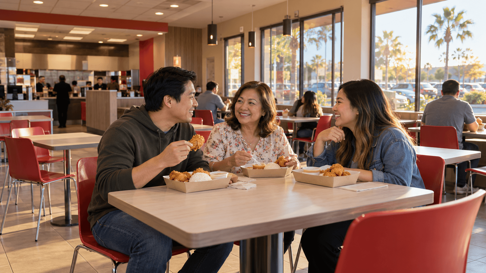 Three adults sharing fried chicken and rice at a table in a bright dining room with red chairs.