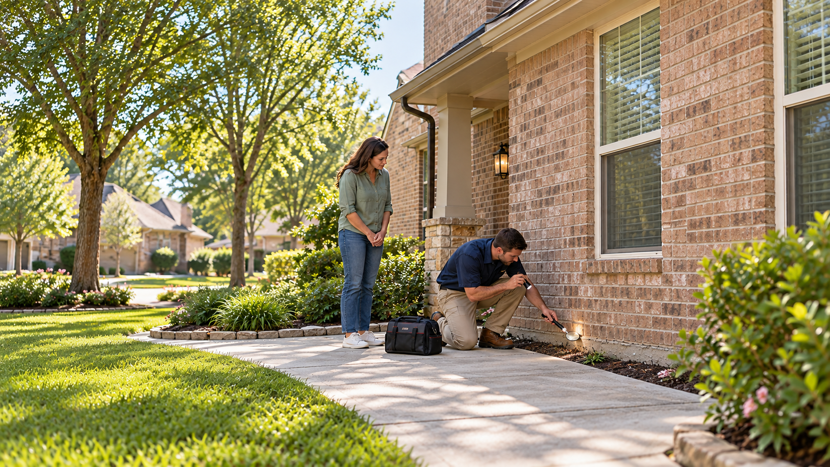 Kingsman Pest Exterminators, Morning Foundation Inspection by a Brick Home